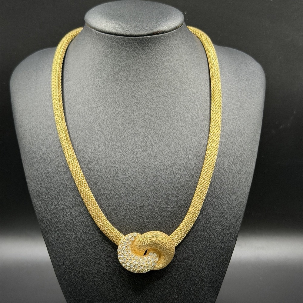 Christian Dior Gold-Plated Swarovski Crystal Knot Necklace Signed Statement Love